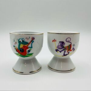 Set of Vintage Cute Animal Frog Monkey Egg Cups